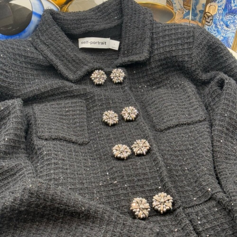 🆕 SELF PORTRAIT 🧿 NWOT Black Textured Peplum Knit Jacket - Sz Large - Picture 12 of 16